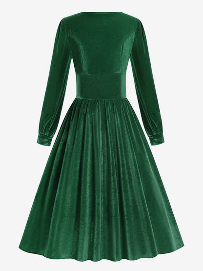 Vintage Glamour Dress 1950s Black Long Sleeves Square Neck Rockabilly Dress