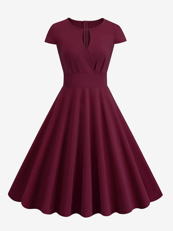 Vintage Glamour Dress 1950s Style Jewel Neck Cut Out Short Sleeves Medium Swing Dress