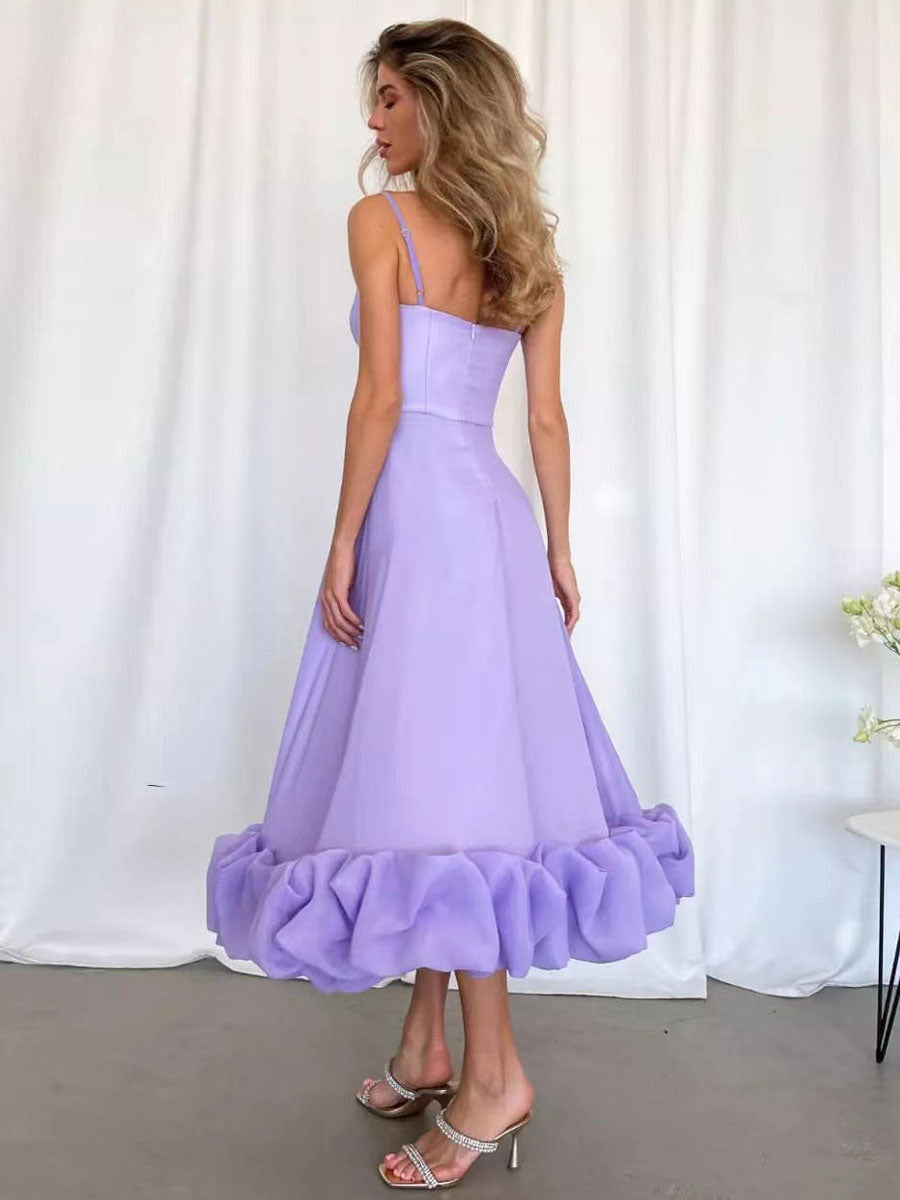 Party Dress Lilac Spaghetti Strap Backless Cupcake Edge Prom Midi Dresses
