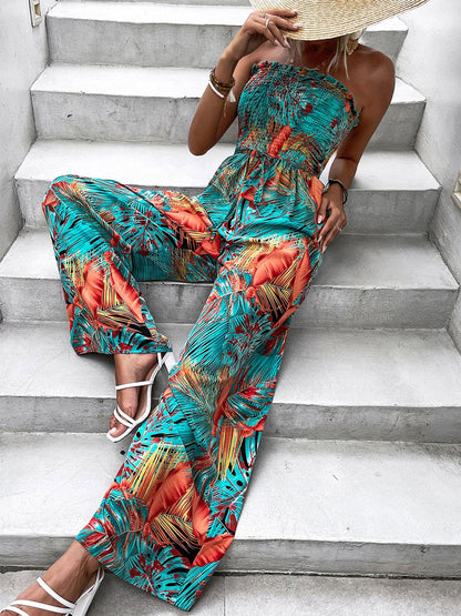 Green Printed Strapless Sleeveless Lace Up Strapless Wide Summer Jumpsuit