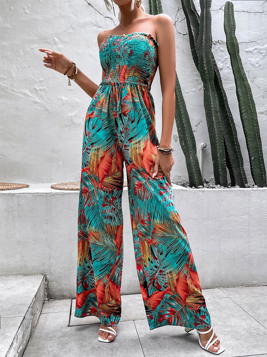Green Printed Strapless Sleeveless Lace Up Strapless Wide Summer Jumpsuit
