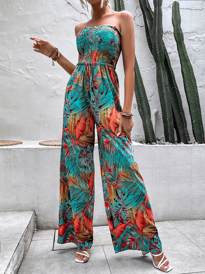 Green Printed Strapless Sleeveless Lace Up Strapless Wide Summer Jumpsuit