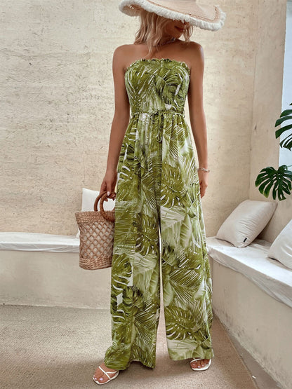 Green Printed Strapless Sleeveless Lace Up Strapless Wide Summer Jumpsuit
