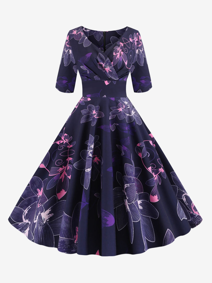 Vintage Glamour Dress Black 1950s Style Floral Print Layered Half Sleeves Sweetheart Neck Medium Rockabilly Dress