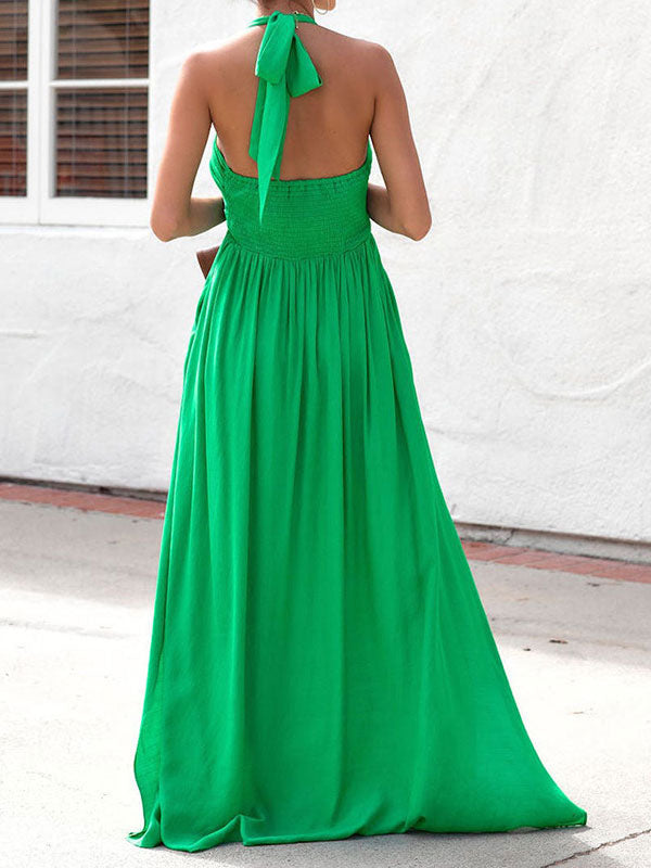 Halter Neck Maxi Dress for Women - Boho V Neck Ruched Flowy Backless Sun Dress - Summer Beach Party 2026