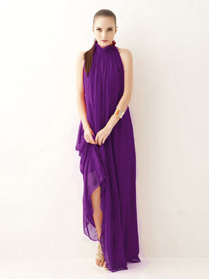 Halter Sundress Jewel Neck Lace Up Chiffon Beach Prom Maxi Dresses