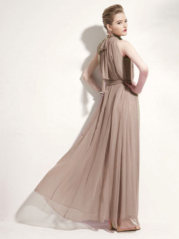 Halter Sundress Jewel Neck Lace Up Chiffon Beach Prom Maxi Dresses