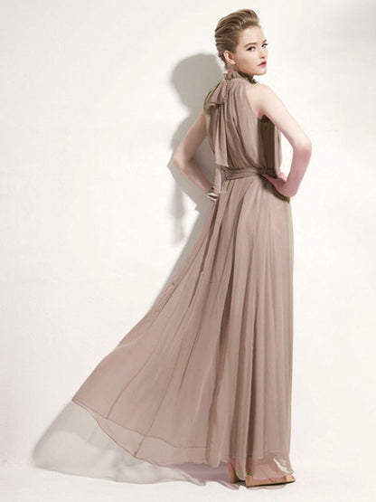 Halter Sundress Jewel Neck Lace Up Chiffon Beach Prom Maxi Dresses