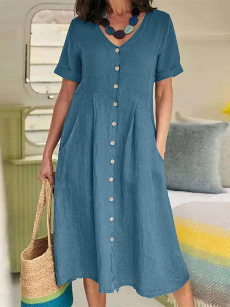 V Neck Linen Button-Down Midi Dress with Pocket In Sky Blue