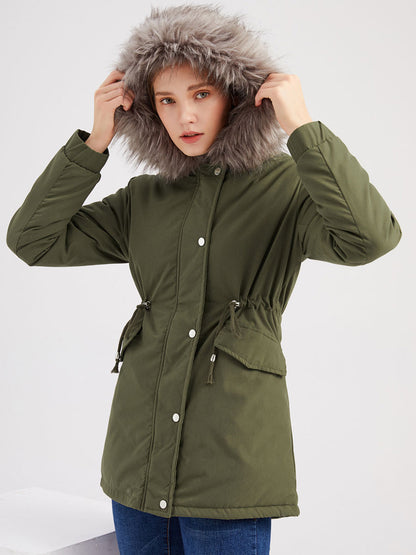 Winter Coats Pink Medium Drawstring Hooded Front Button Long Sleeves Two-Tone Casual Winter Coat Outerwear