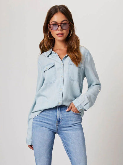 Denim Blouse For Women Turndown Collar Flap Pockets Daily Tops