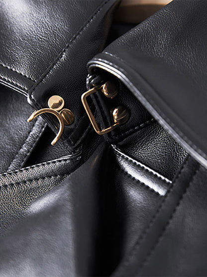 Trench Coat Notched Lapel Double Breast Belted PU Leather Outerwear