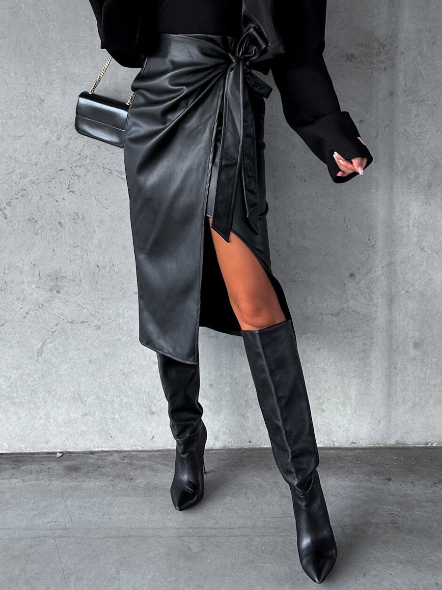 Bow Tie Skirt High Waist Black PU Leather Fall Winter Women Bottoms