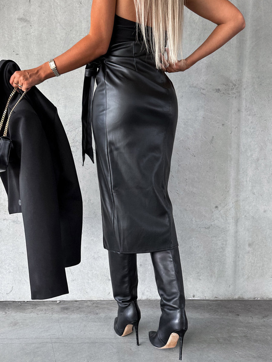 Bow Tie Skirt High Waist Black PU Leather Fall Winter Women Bottoms
