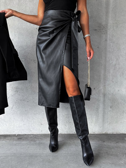 Bow Tie Skirt High Waist Black PU Leather Fall Winter Women Bottoms