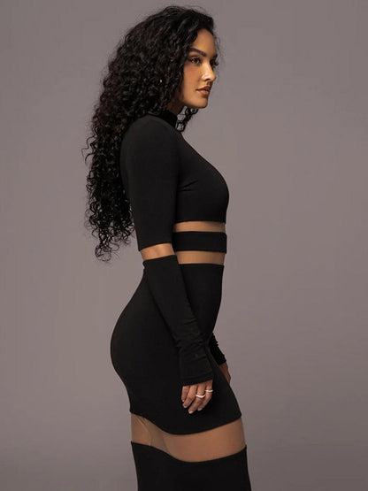 Mesh Patchwork Dress Long Sleeves See Through Party Bodycon Dresses