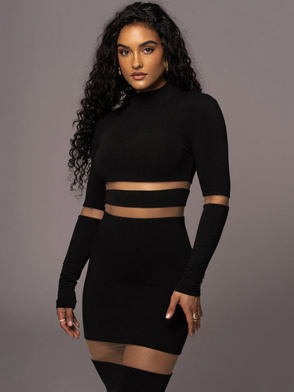Mesh Patchwork Dress Long Sleeves See Through Party Bodycon Dresses