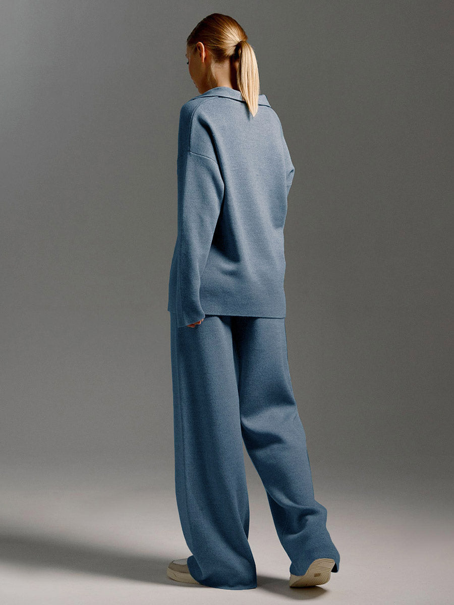 Knit Pant Set Drop Shoulder Pullover And Wide Leg Trousers For Women