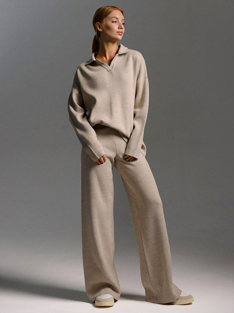 Knit Pant Set Drop Shoulder Pullover And Wide Leg Trousers For Women
