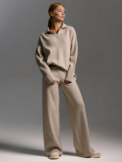 Knit Pant Set Drop Shoulder Pullover And Wide Leg Trousers For Women