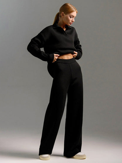 Knit Pant Set Drop Shoulder Pullover And Wide Leg Trousers For Women