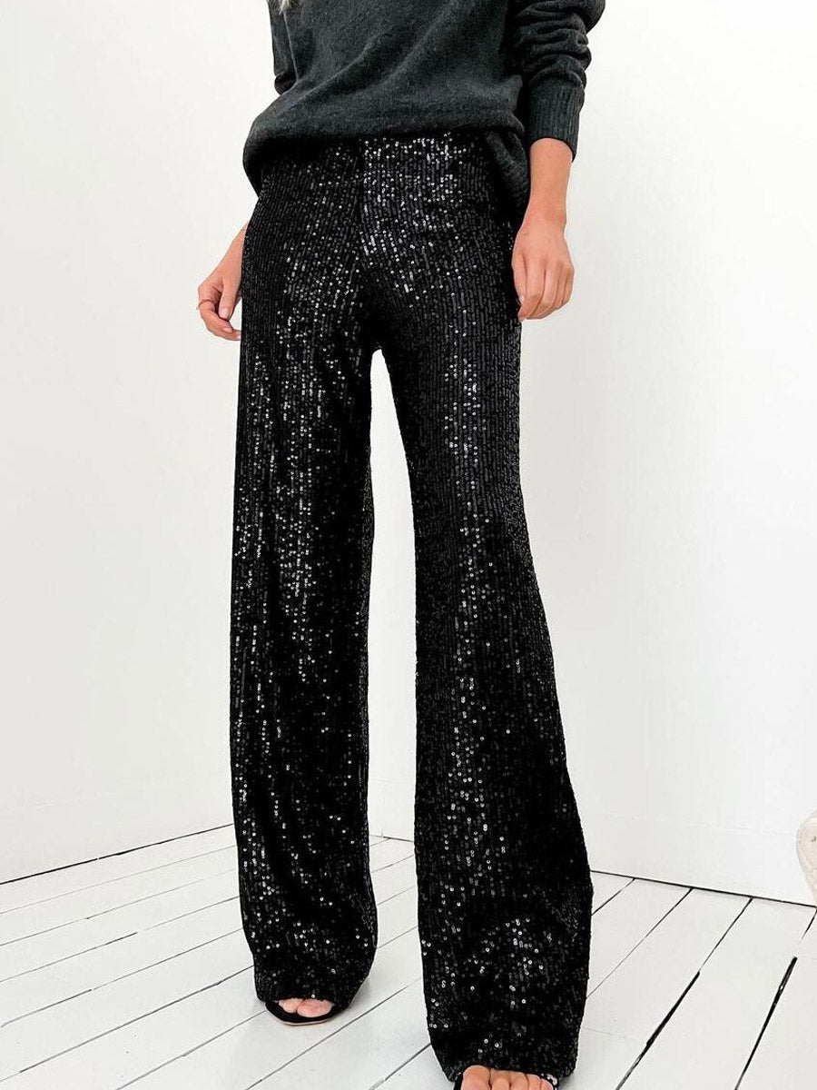 Sparkle Pants High Waist Wide Leg Sequins Chic Trousers For Women