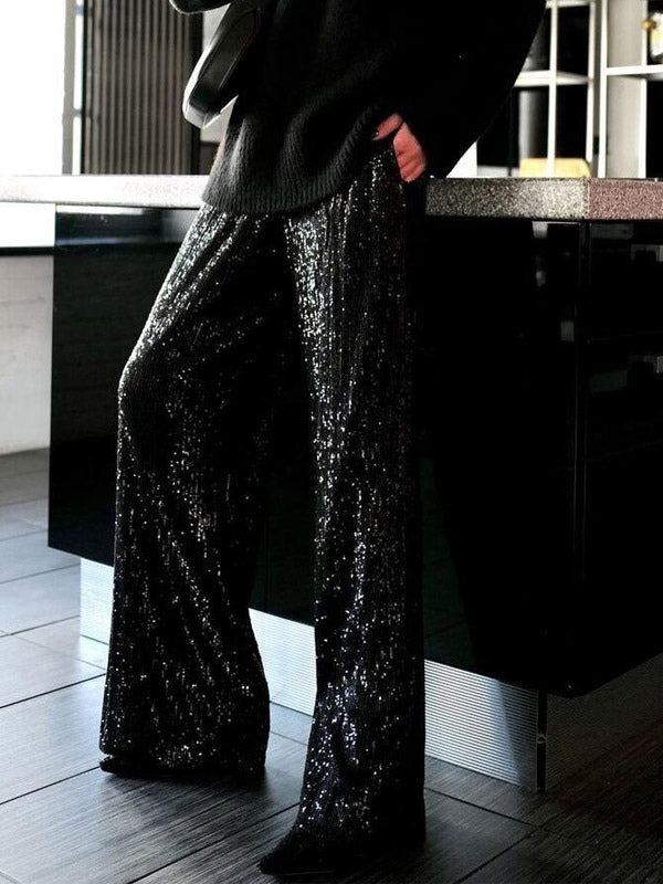 Sparkle Pants High Waist Wide Leg Sequins Chic Trousers For Women