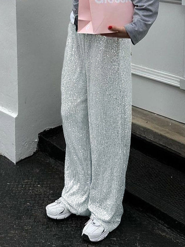 Sparkle Pants High Waist Wide Leg Sequins Chic Trousers For Women