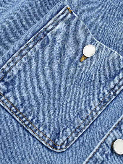 Denim Jumpsuit Pleated Neck Front Button Straight Solid Color Playsuit