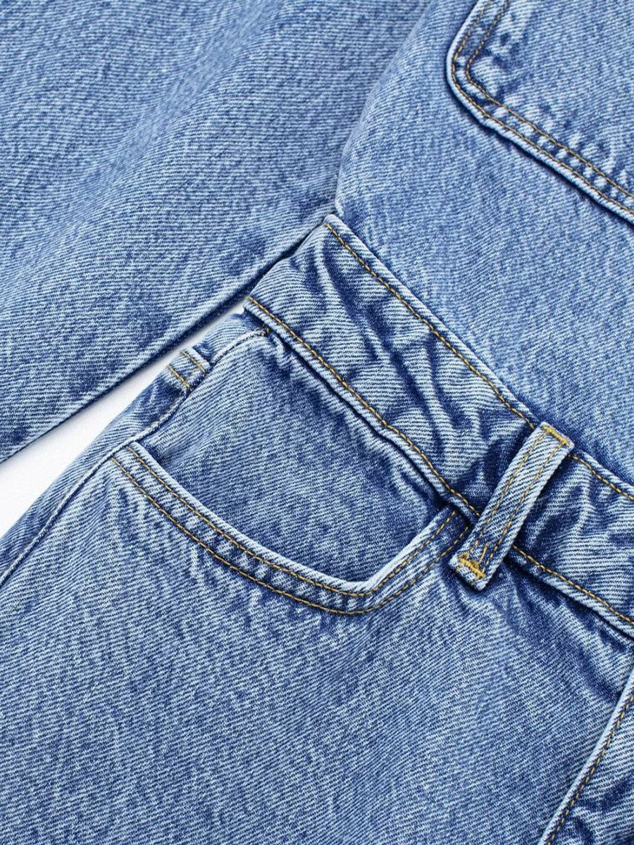 Denim Jumpsuit Pleated Neck Front Button Straight Solid Color Playsuit