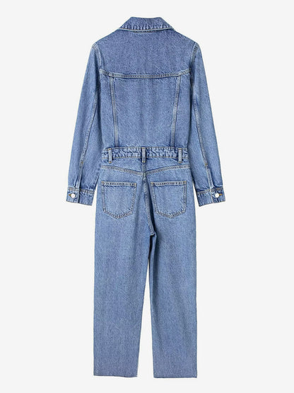 Denim Jumpsuit Pleated Neck Front Button Straight Solid Color Playsuit