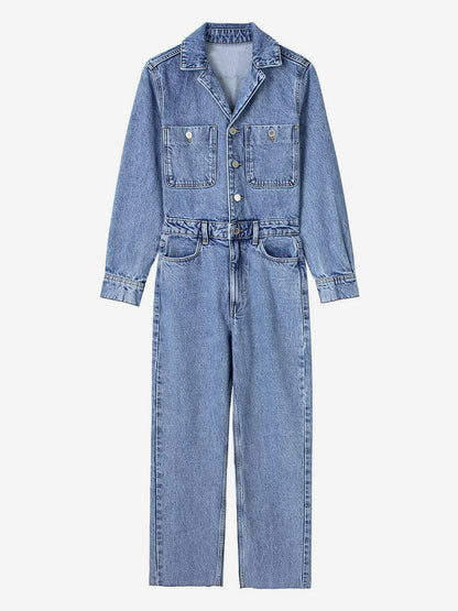 Denim Jumpsuit Pleated Neck Front Button Straight Solid Color Playsuit