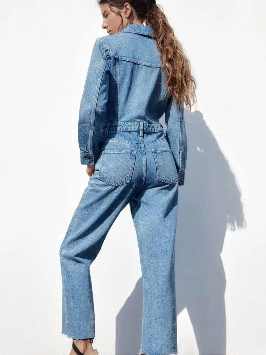 Denim Jumpsuit Pleated Neck Front Button Straight Solid Color Playsuit