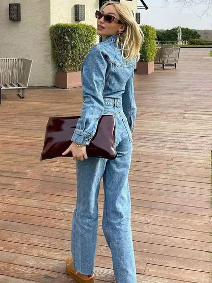 Denim Jumpsuit Pleated Neck Front Button Straight Solid Color Playsuit