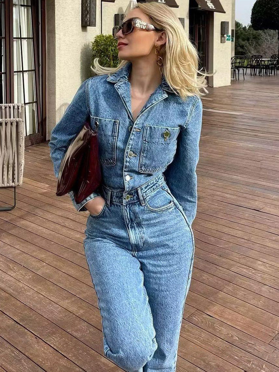 Denim Jumpsuit Pleated Neck Front Button Straight Solid Color Playsuit