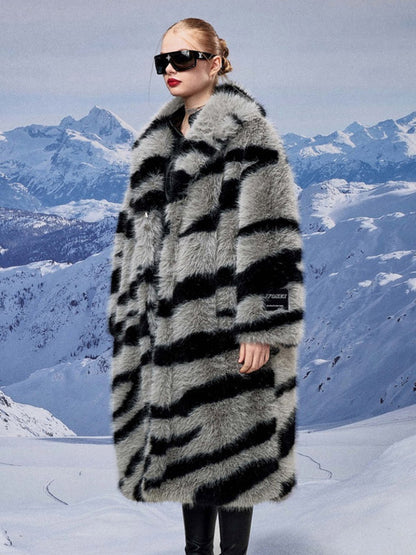 Zebra Print Faux Fur Coat Turndown Collar Oversized Eco-friendly Long Jacket For Women 2026