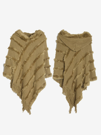 Women Poncho Hooded Green Oversized Fringe Cape