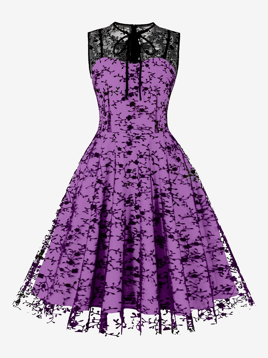 Embroidered Dress Round Neck Sleeveless Lace Up Retro Glamour Dresses
