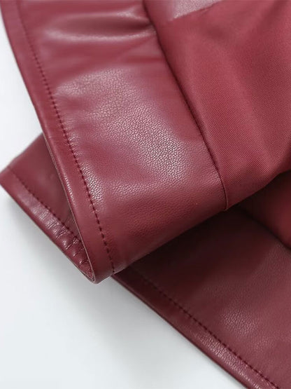 PU Leather Jacket Turndown Collar Long Sleeves Zipper Women's Jacket In Burgundy