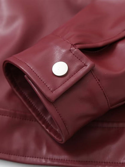 PU Leather Jacket Turndown Collar Long Sleeves Zipper Women's Jacket In Burgundy