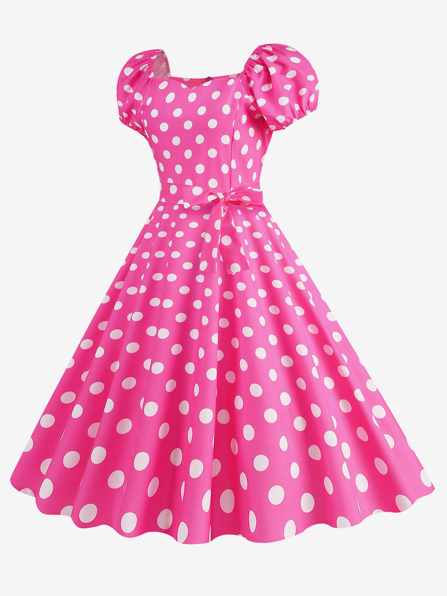 Retro Glamour Dress Sweetheart Neck Puff Sleeves Polka Dots Casual Long Dresses
