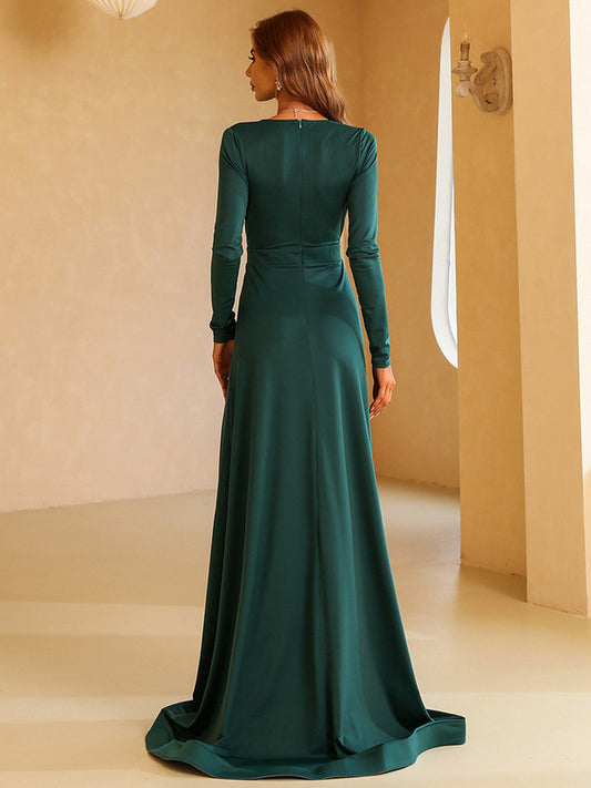 Plunge Maxi Dress Long Sleeves Side Slits Pleated Prom Dresses