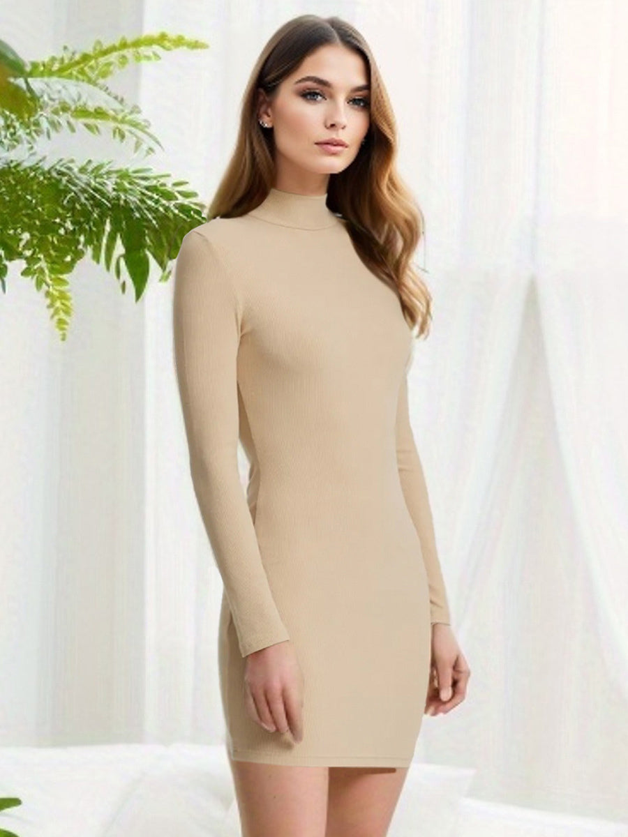 Knitted Bodycon Dress Mock Neck Long Sleeves Casual Sheath Mini Dresses