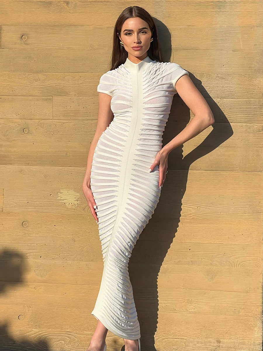 See Through Bodycon Dress Short Sleeve Ruched Night Out Maxi Dresses