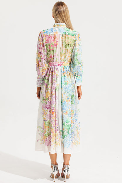 Floral Long Sleeves Midi Dress With Belt