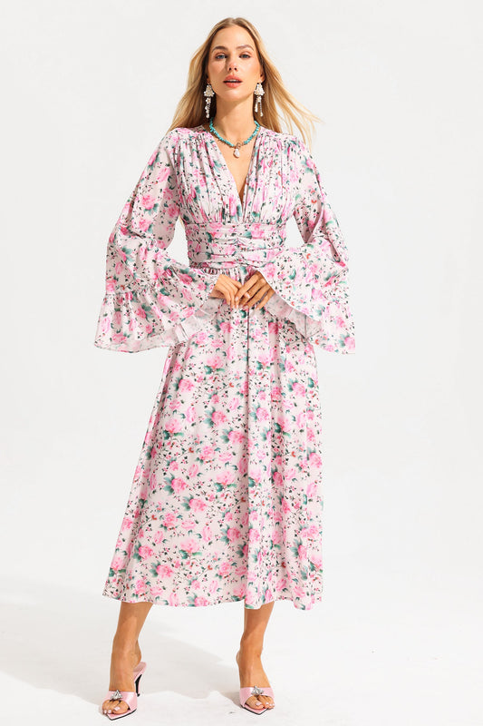 Floral V-Neck Ball Sleeve Midi Dress