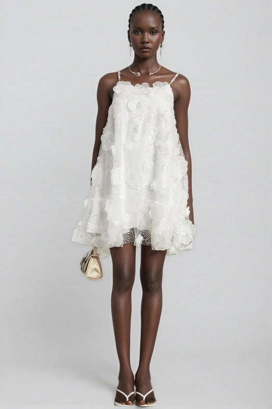 Darirke White Flower Sequin Mesh Mini Dress