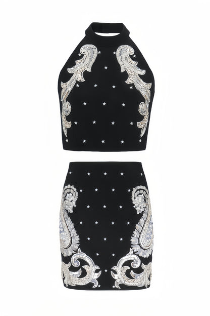 Pira Rhinestone Sequins Hanging Neck Skirt Set