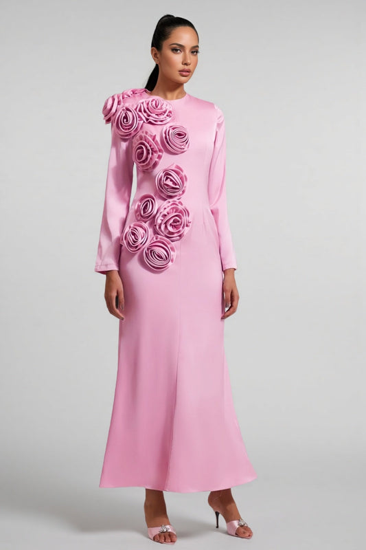 Samala 3D Floral Satin Maxi Dress