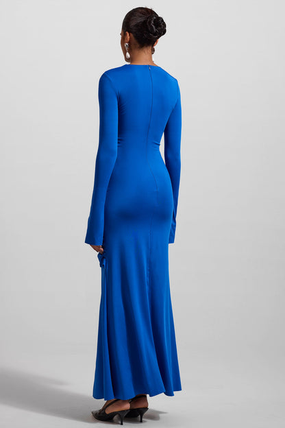Knit Ruched Long Sleeve Maxi Dress Blue